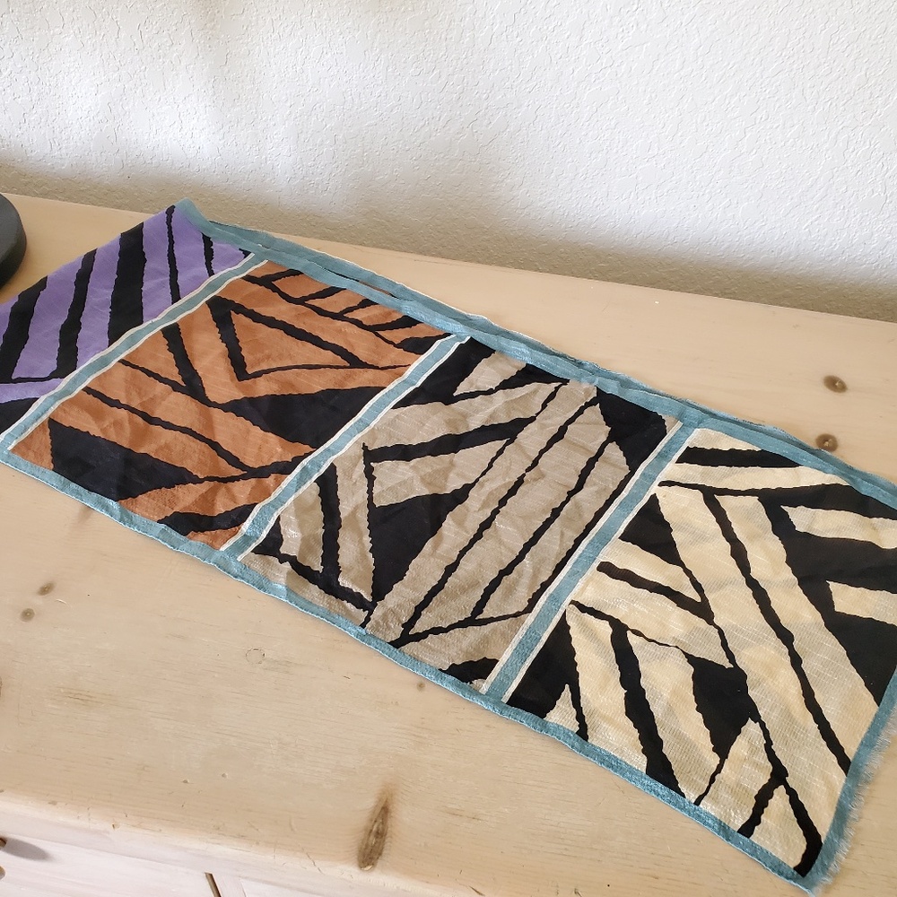 Oscar de la Renta Modernist Teal Purple Black Geometric Silk Long Scarf